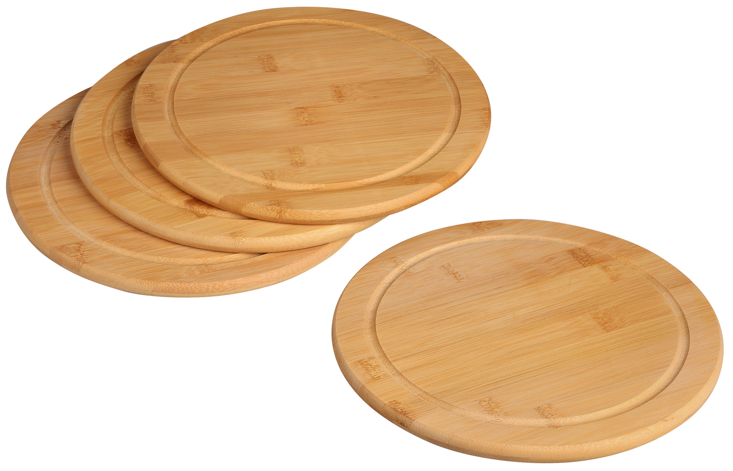 Bambus Servierteller mit Saftrille (4er Set) - Ø 25 x 1,3 cm Helles Naturholz
