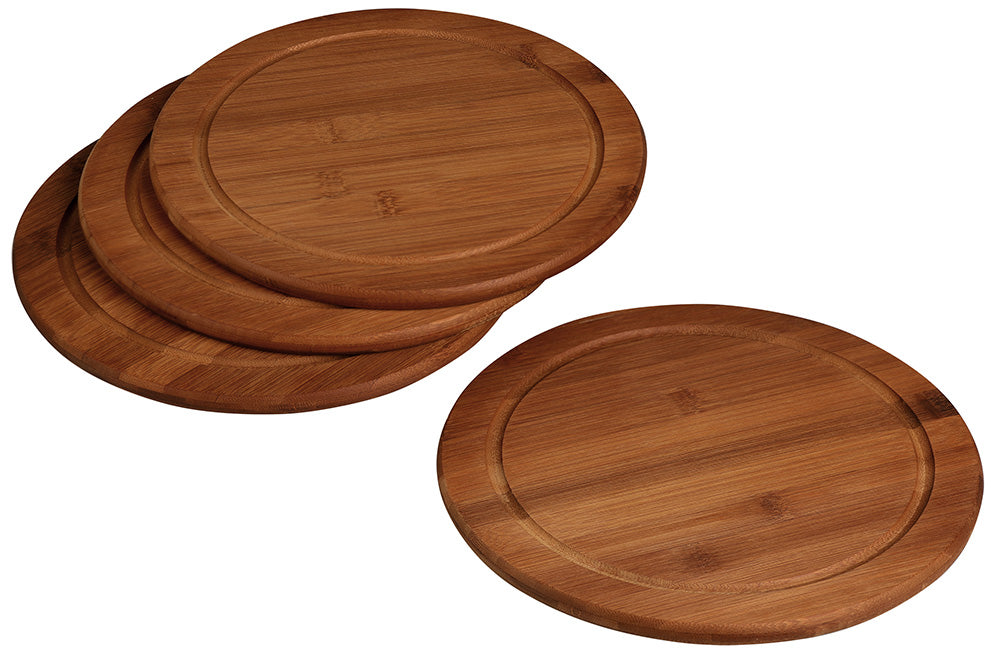 Bambus Servierteller mit Saftrille (4er Set) - Ø 26 x 1,3 cm Dunkles Naturholz