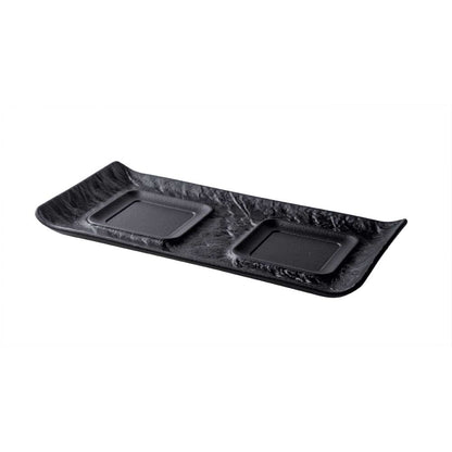 YUNA Platte rechteckig 27 x 14 cm mit 2 Ausspaarungen 8 x 8 cm - Schwarz