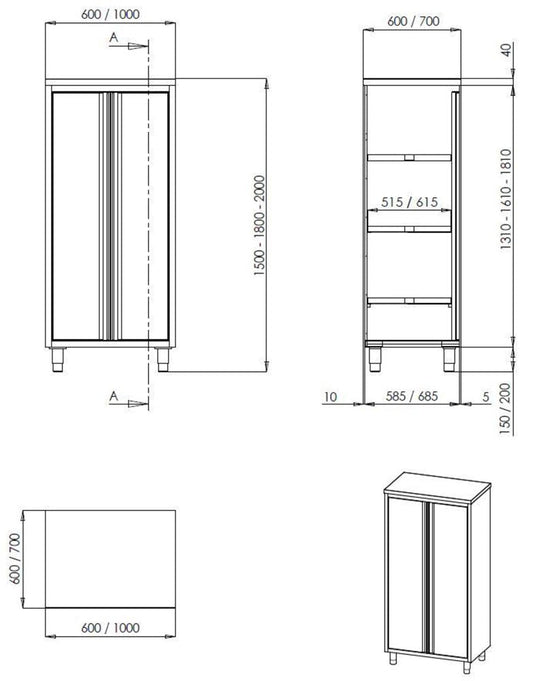 Profiline Hochschrank 800x600 mit Flügeltür - Edelstahl