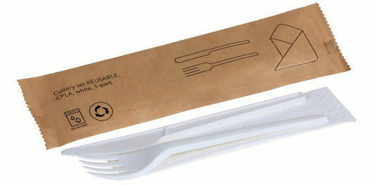 REUSABLE Set Messer/Gabel/Serviette - CPLA - Natur-Weiß (250 Stück)