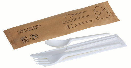REUSABLE Set Messer/Gabel/Kaffeelöffel/Serviette - CPLA - Natur-Weiß (250 Stück)